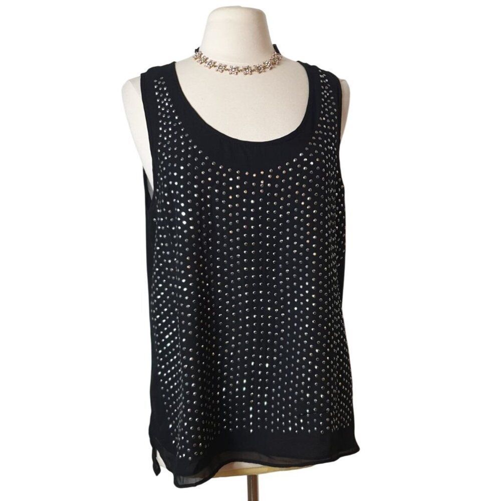 Pretty Rebellious Sleeveless Studded Blouse XL Black Sheer With Silver Front Chi
